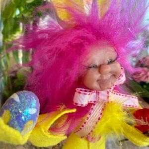 Plush Troll Doll with Hot Pink Hair and Yellow Outfit